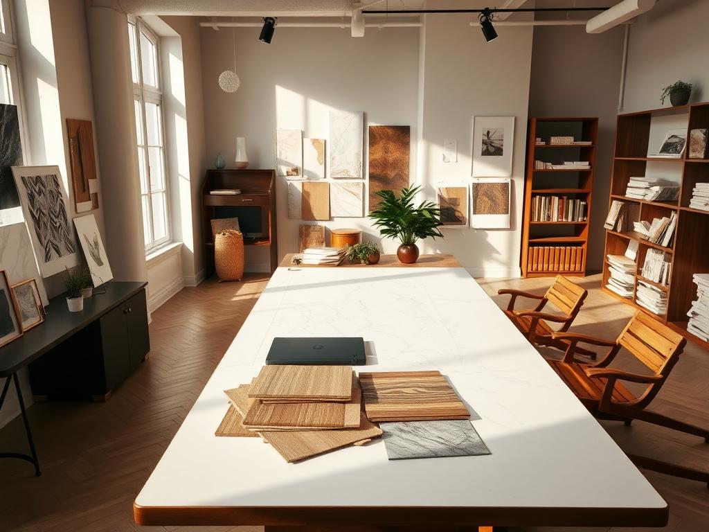 Drafting table with marble samples, veneers and moodboards at the Cloudkit studio