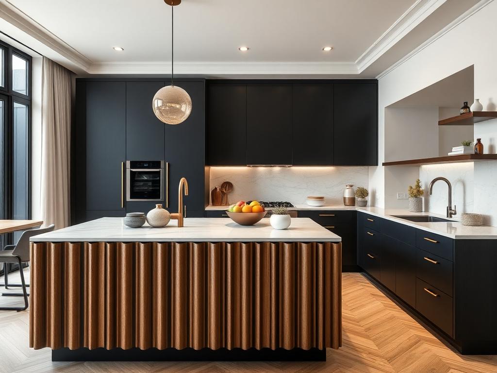 Kitchen with fluted timber island and brass fixtures