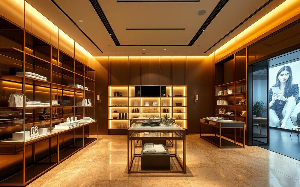 Boutique fitout with brass display shelving and dramatic lighting