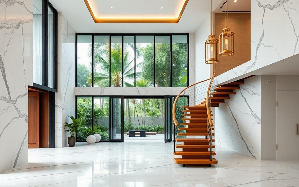 Marble entrance hall with floating timber staircase