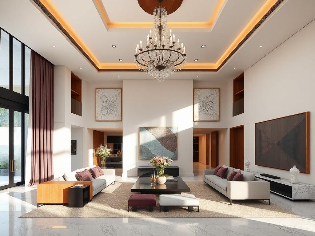 Double-volume living room with chandelier and plum accents