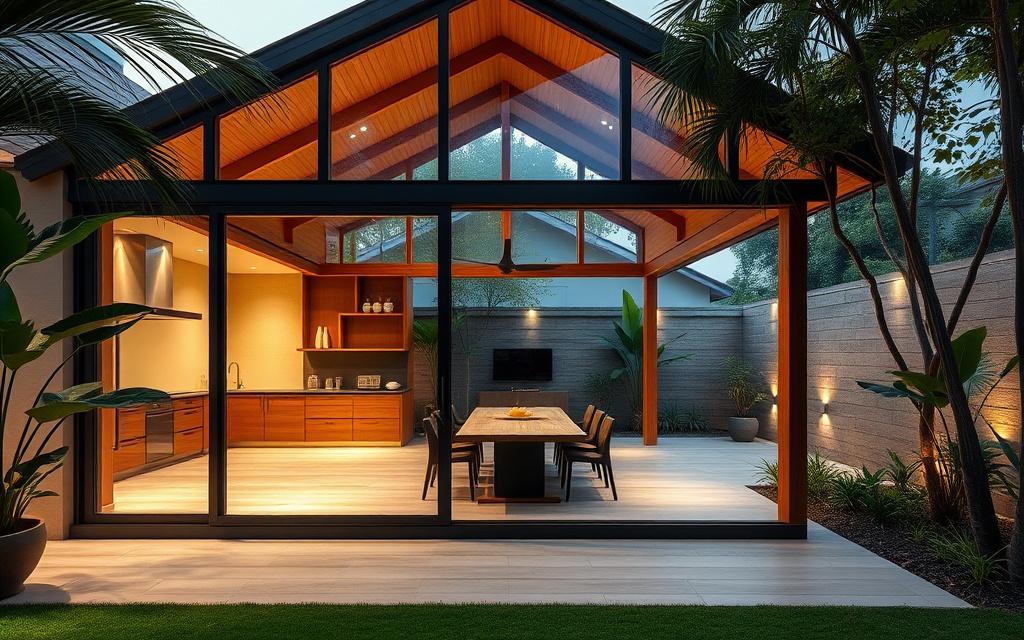 Glass and timber pavilion extension opening onto a tropical courtyard