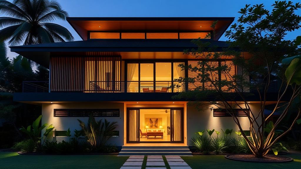 Modern tropical bungalow rebuilt on an established Klang Valley plot, photographed at twilight