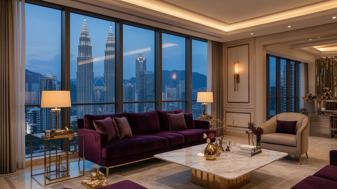 Penthouse lounge overlooking the Kuala Lumpur skyline at dusk