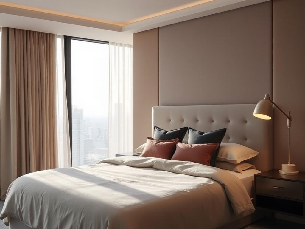 Master bedroom with layered linen bedding and sheer curtains