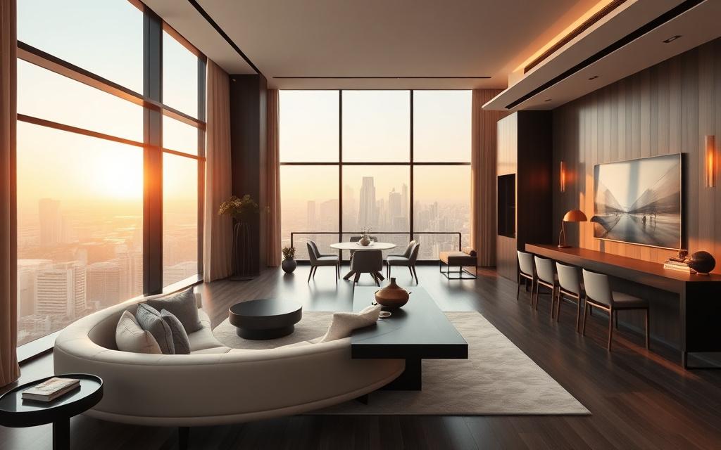 Curved cream sofa in an open-plan condominium living space