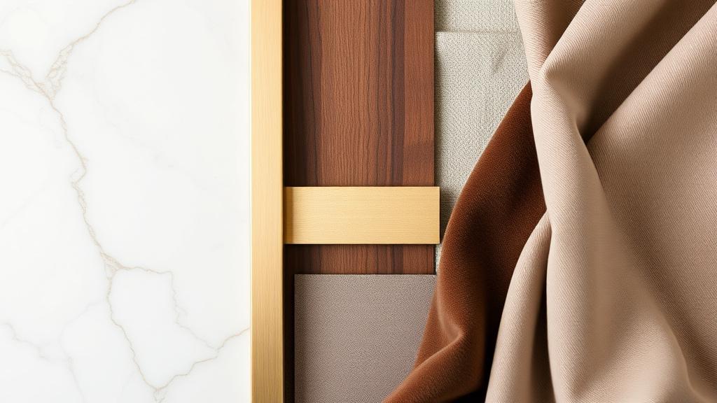 Flat lay of marble, timber veneer, brass and fabric samples