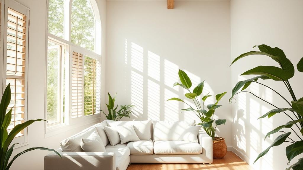 Dappled tropical light falling through timber louvres onto a linen sofa
