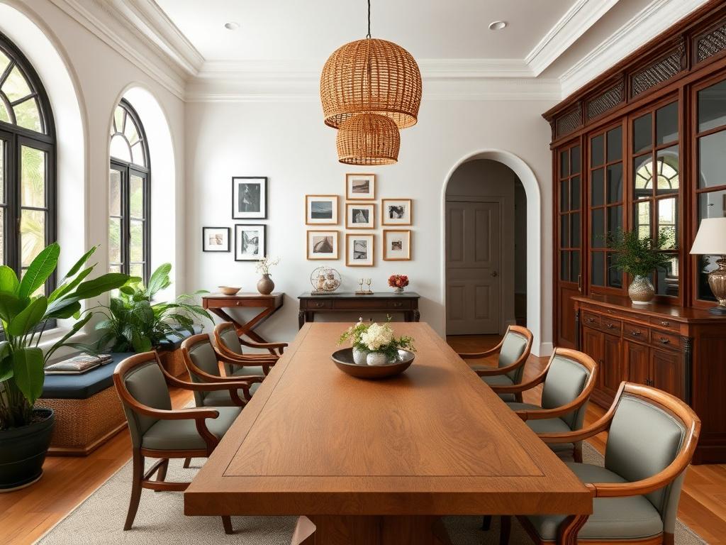 Heritage terrace dining room with rattan pendants and arched doorway